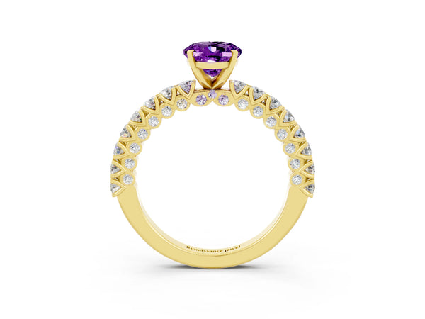 Yellow gold Oval Cut Amethyst Solitaire Ring with Round Accent Pavé Band and Prong Setting
