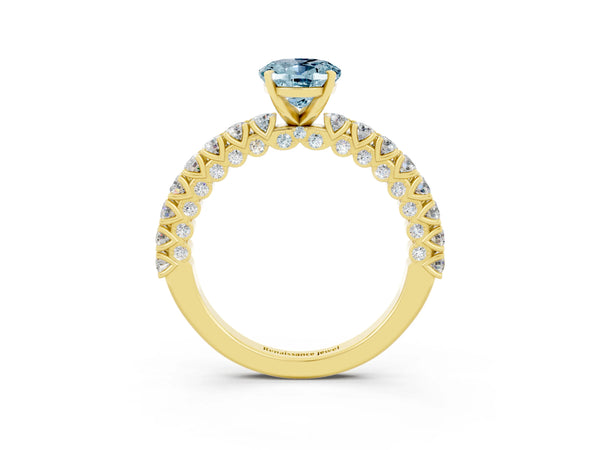 Yellow gold Oval Cut Diamond Pavé Band Solitaire Ring with Prong Setting