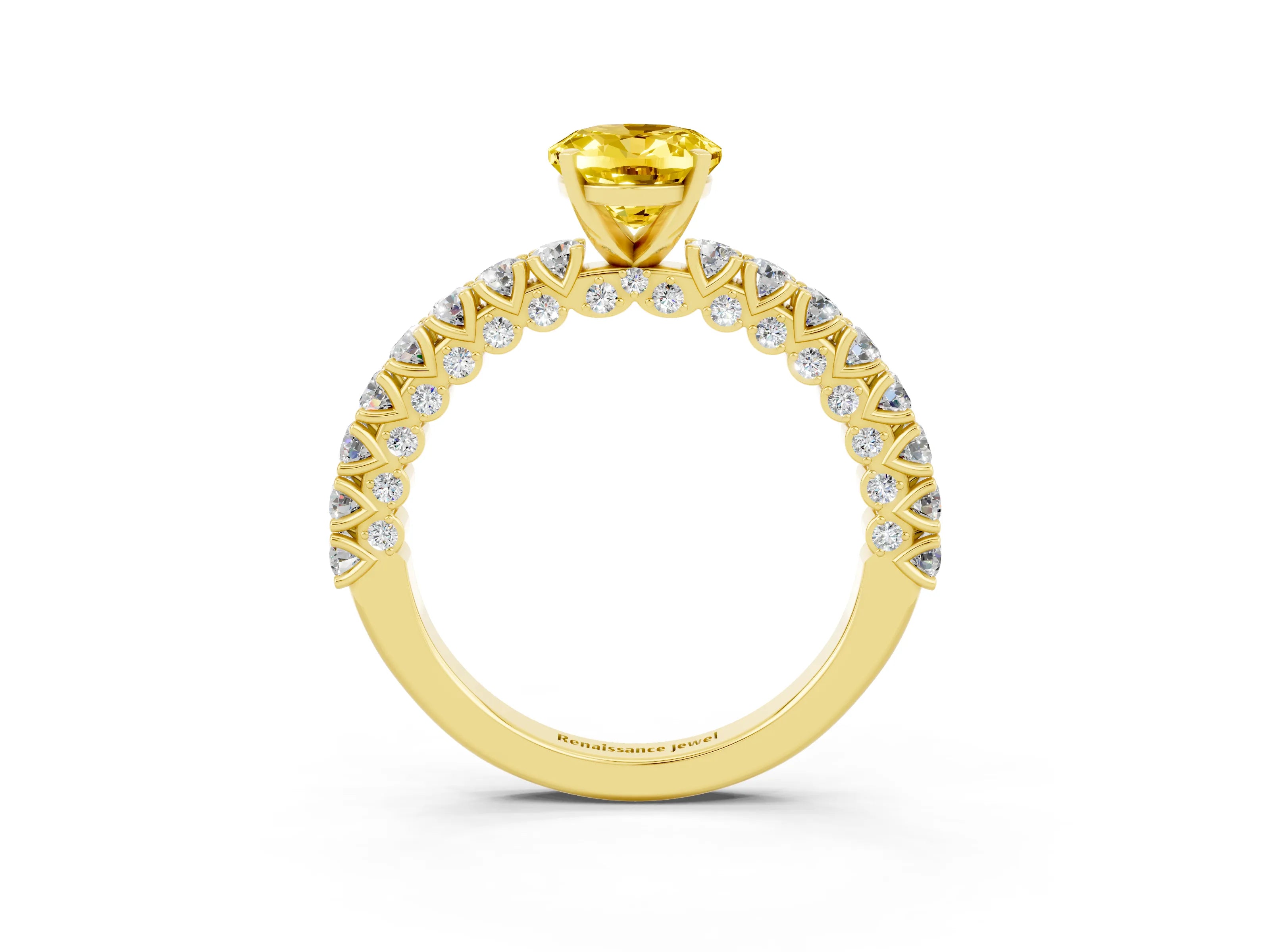 Yellow gold Oval Cut Diamond Pavé Band Solitaire Ring with Prong Setting_3