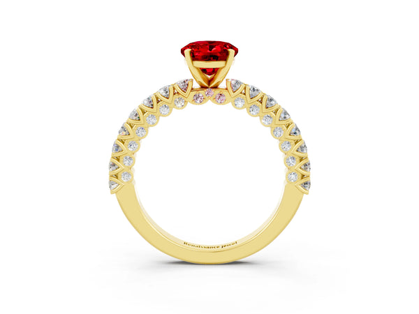 Yellow gold Oval Cut Diamond Pavé Band Solitaire Ring with Prong Setting