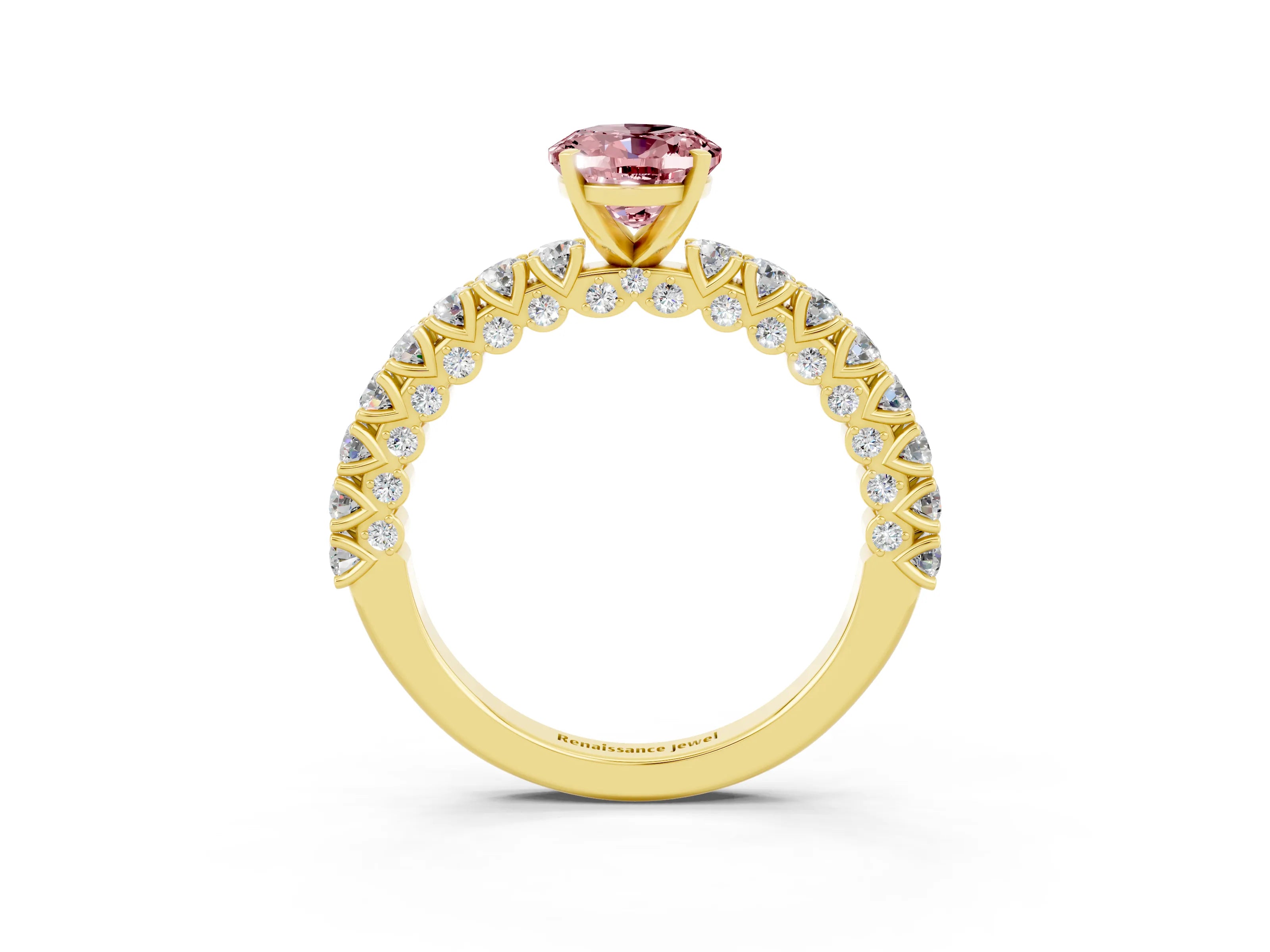 Yellow gold Oval Cut Diamond Pavé Band Solitaire Ring with Prong Setting_3