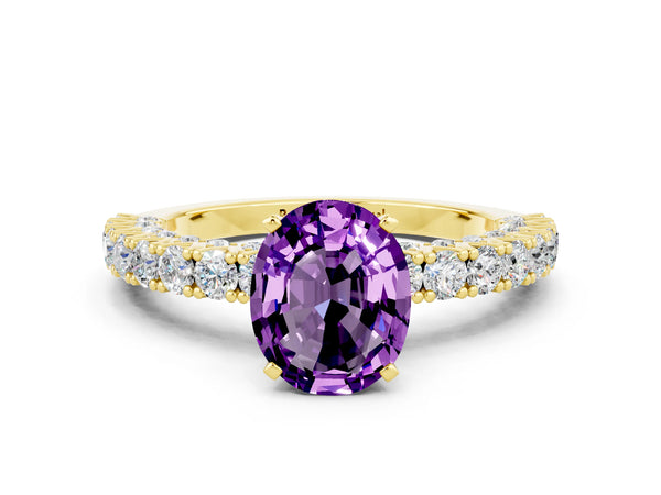 Yellow gold Oval Cut Amethyst Solitaire Ring with Round Accent Pavé Band and Prong Setting