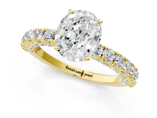 Yellow gold Oval Cut Diamond Pavé Band Solitaire Ring with Prong Setting