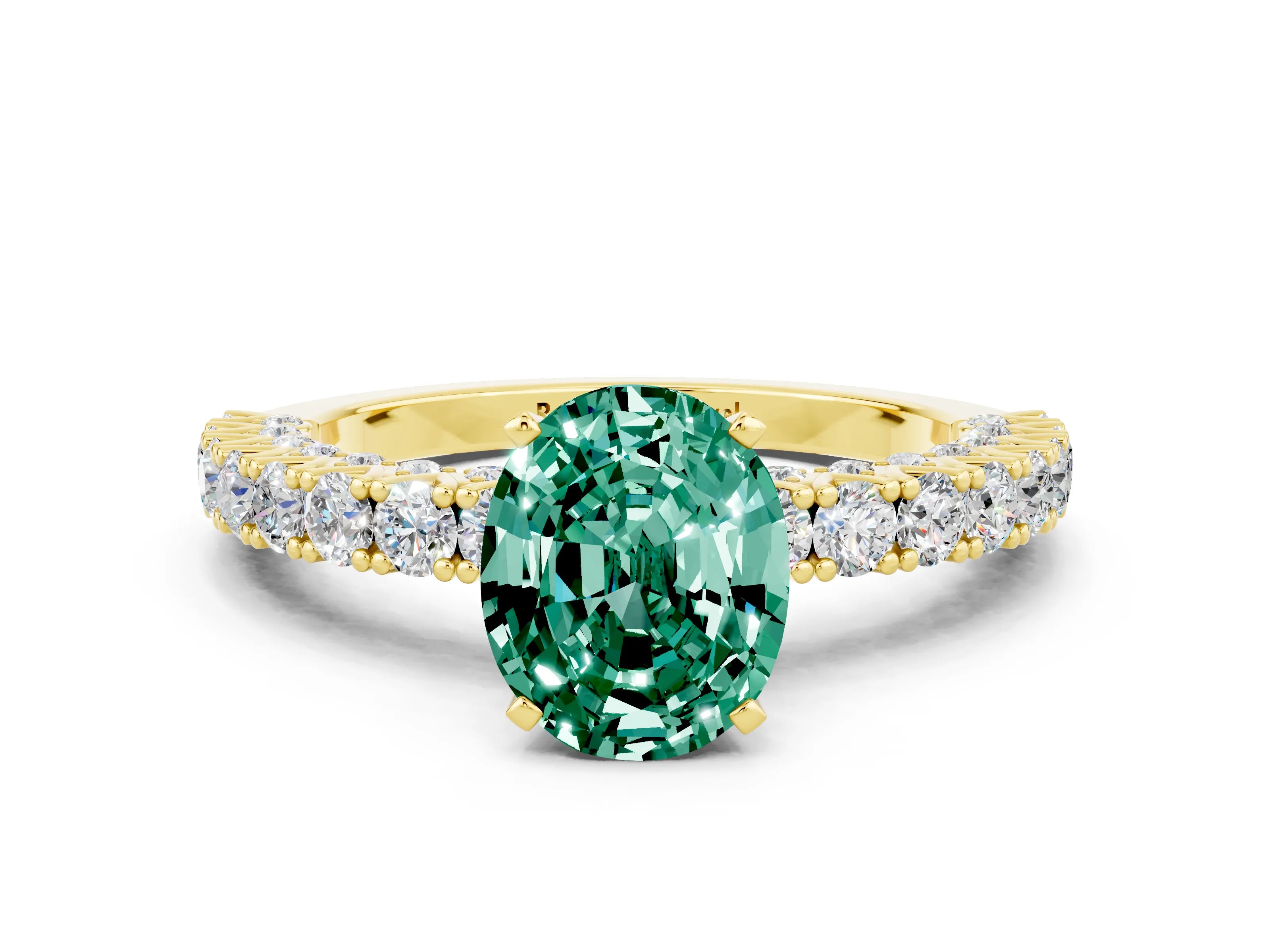 Yellow gold Oval Cut Diamond Pavé Band Solitaire Ring with Prong Setting