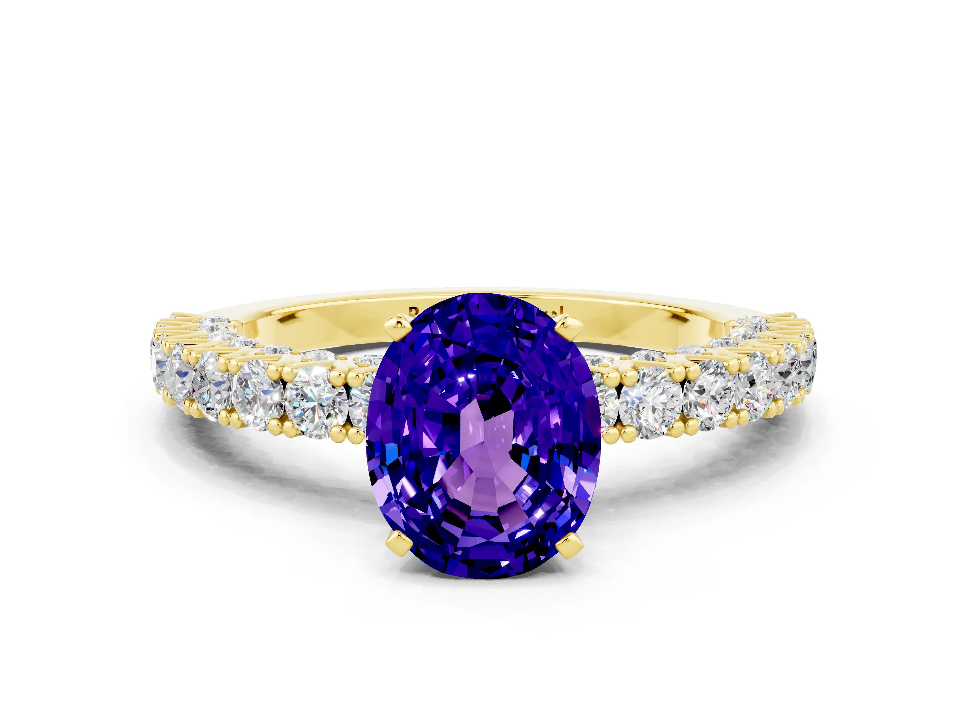 Yellow gold Oval Cut Diamond Pavé Band Solitaire Ring with Prong Setting