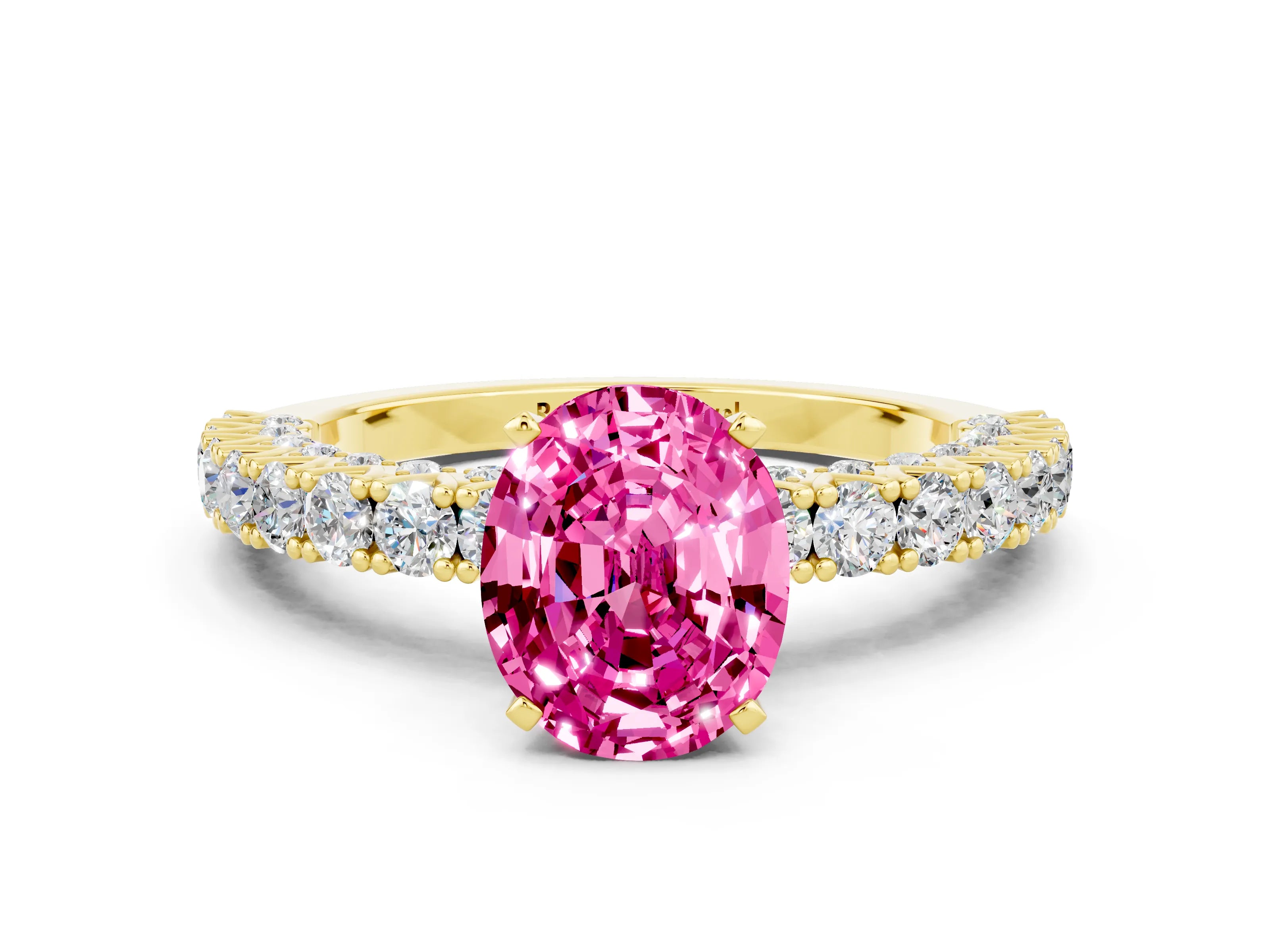 Yellow gold Oval Cut Diamond Pavé Band Solitaire Ring with Prong Setting