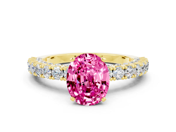 Yellow gold Oval Cut Diamond Pavé Band Solitaire Ring with Prong Setting