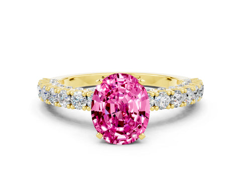 Yellow gold Oval Cut Diamond Pavé Band Solitaire Ring with Prong Setting