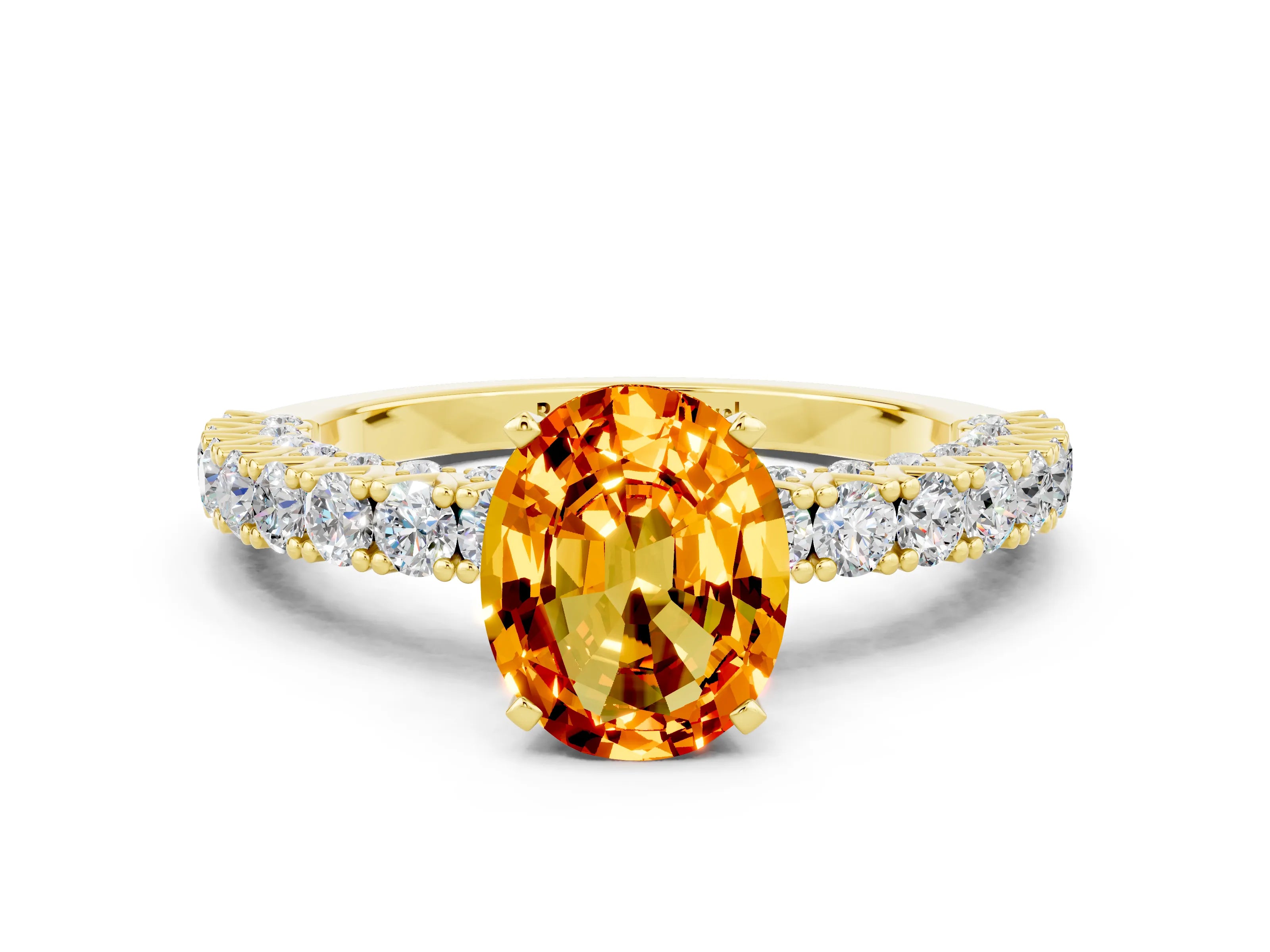 Yellow gold Oval Cut Diamond Pavé Band Solitaire Ring with Prong Setting