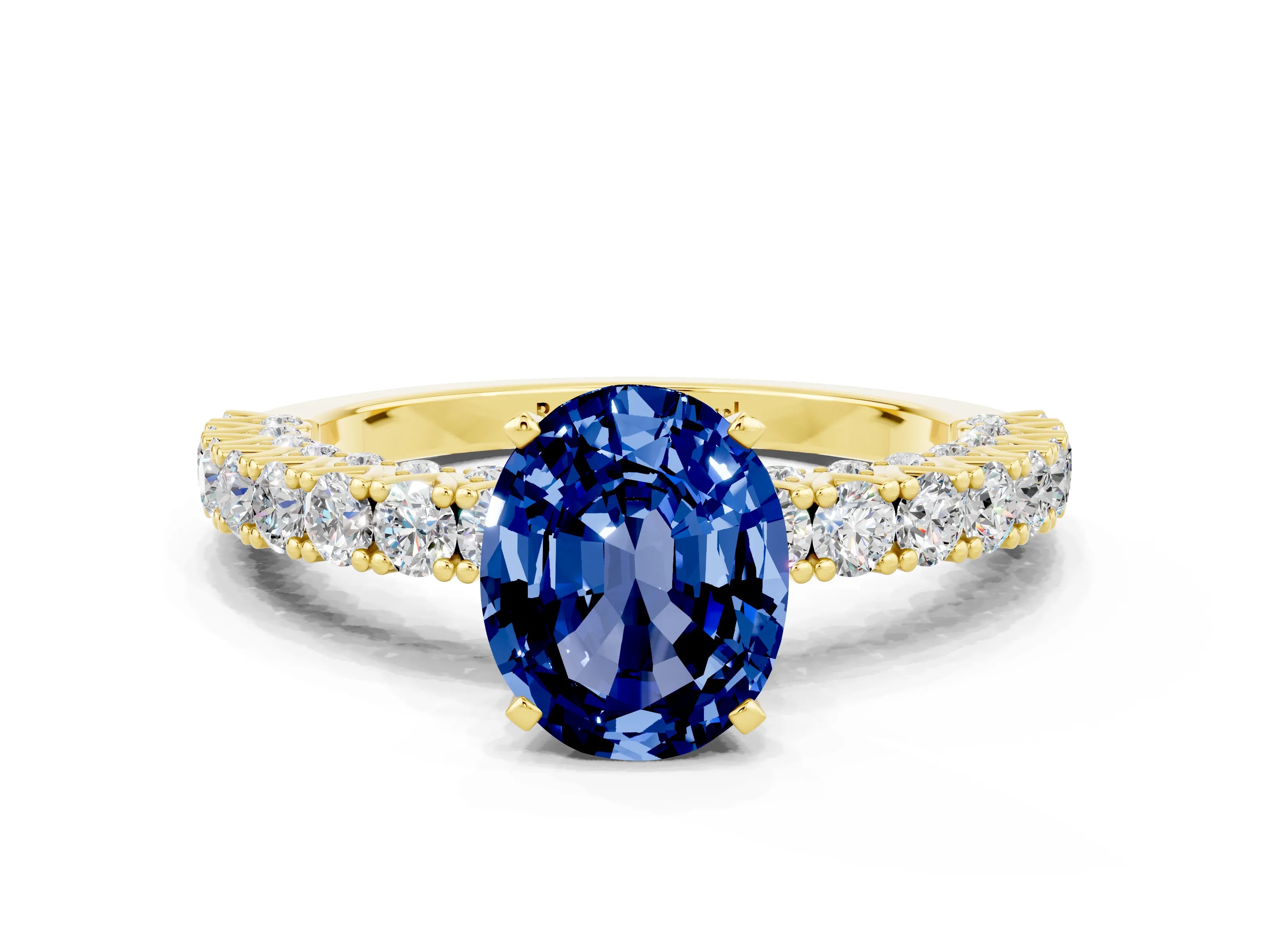 Yellow gold Oval Cut Diamond Pavé Band Solitaire Ring with Prong Setting