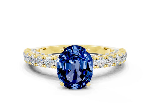 Yellow gold Oval Cut Diamond Pavé Band Solitaire Ring with Prong Setting