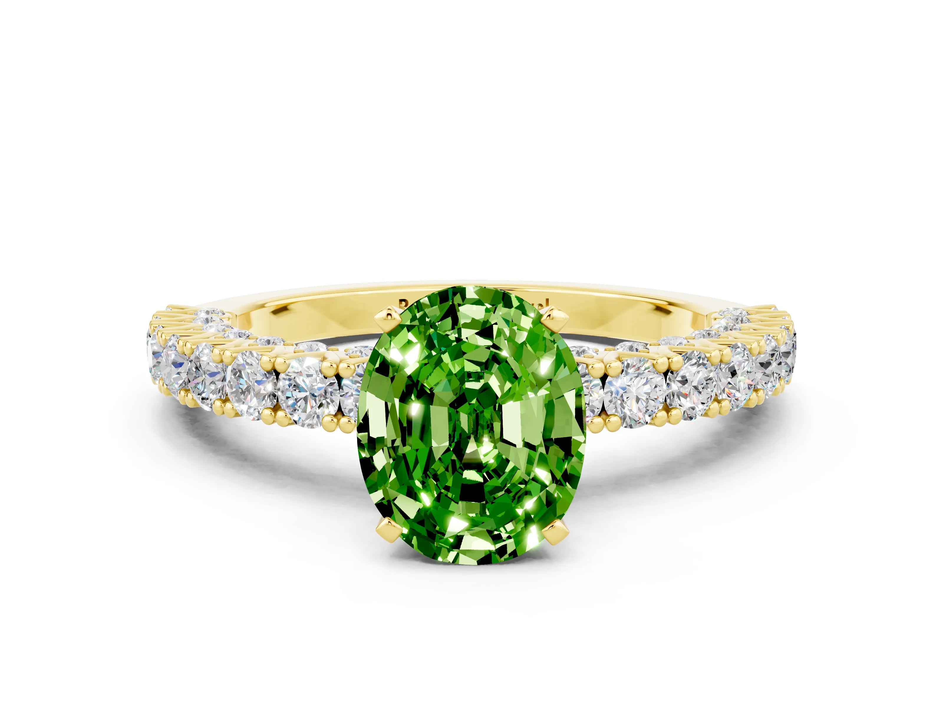 Yellow gold Oval Cut Diamond Pavé Band Solitaire Ring with Prong Setting