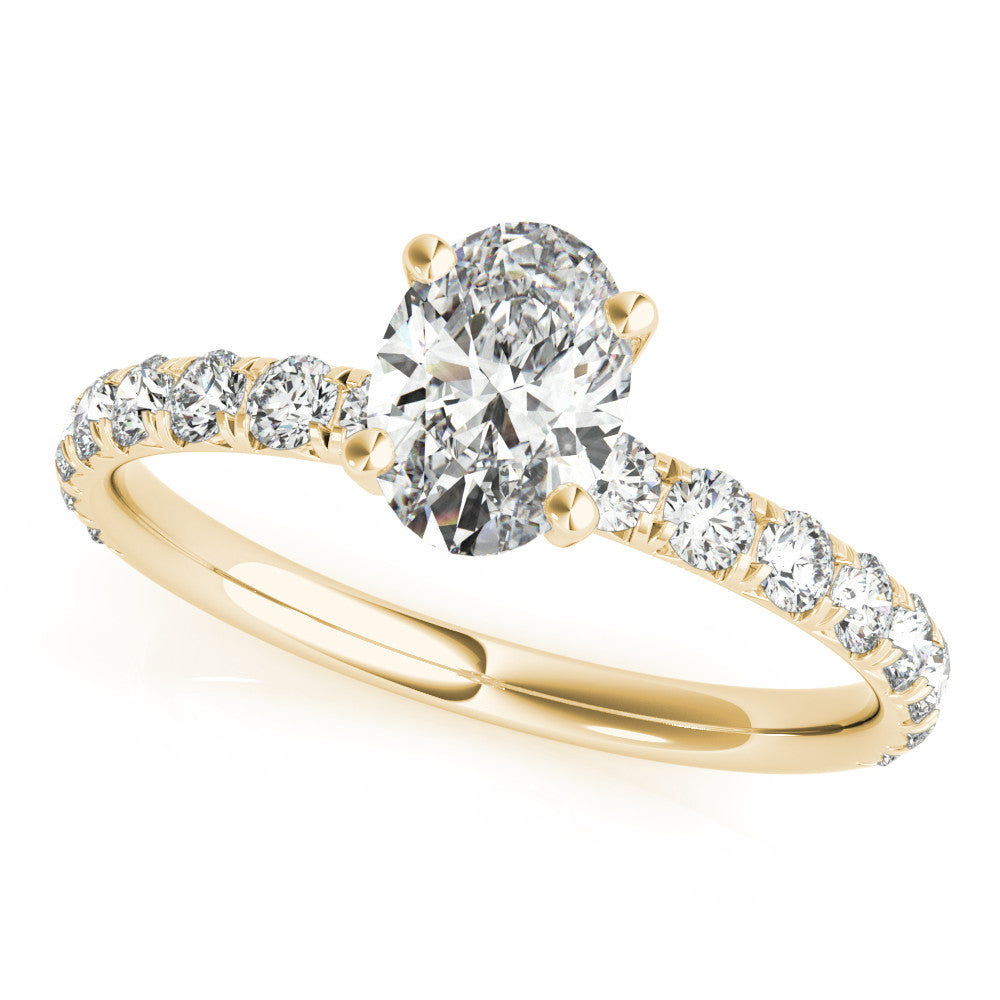 Yellow gold Oval Cut Diamond Pavé Band Solitaire with Four-Prong Setting