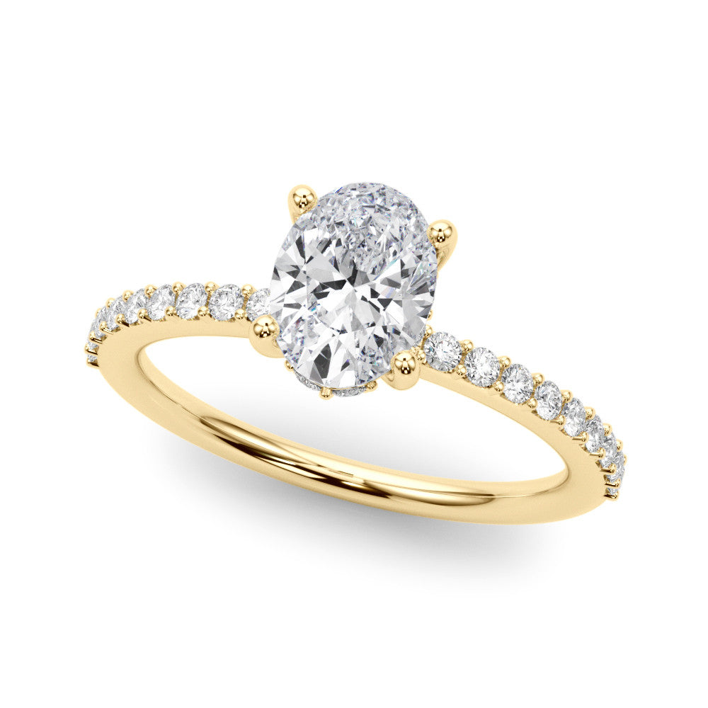 14K Yellow Gold 2.00 Carat E VS1 Oval Cut Diamond Pavé Band with Four-Prong Setting