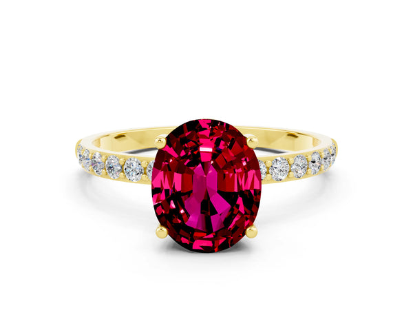 Yellow gold Oval Cut Garnet Solitaire Ring with Round Pavé Shoulders and Prong Setting