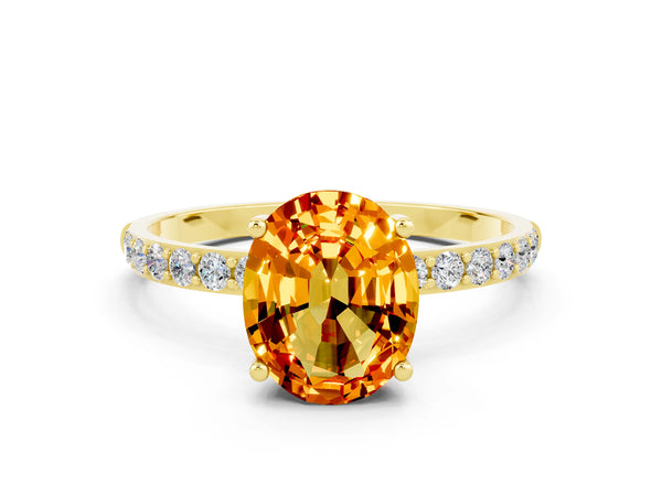 Yellow gold Oval Cut Citrine Solitaire Ring with Round Pavé Shoulders and Prong Setting