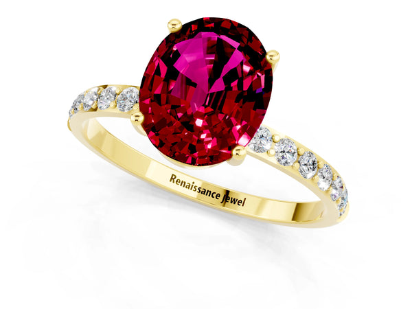 Yellow gold Oval Cut Garnet Solitaire Ring with Round Pavé Shoulders and Prong Setting