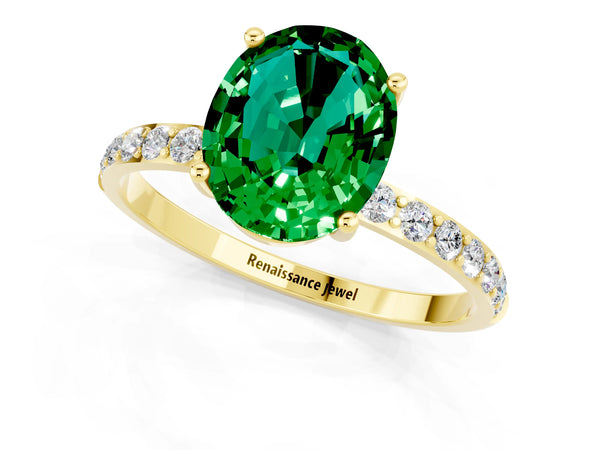 Yellow gold Oval Cut Emerald Solitaire Ring with Round Pavé Shoulders and Prong Setting