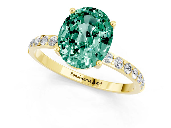 Yellow gold Oval Cut Green Sapphire Solitaire Ring with Round Pavé Shoulders and Prong Setting
