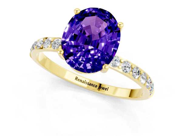Yellow gold Oval Cut Tanzanite Solitaire Ring with Round Pavé Shoulders and Prong Setting