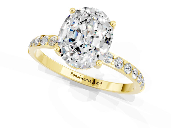 Yellow gold Oval Cut Moissanite Solitaire Ring with Round Pavé Shoulders and Prong Setting