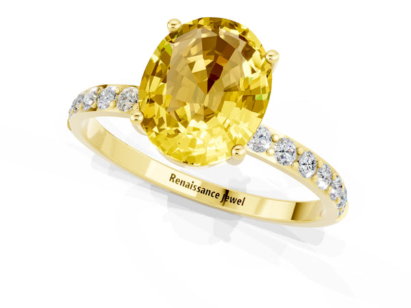 Yellow gold Oval Cut Yellow Sapphire Solitaire Ring with Round Pavé Shoulders and Prong Setting