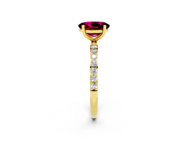 Yellow gold Oval Cut Garnet Solitaire Ring with Round Pavé Shoulders and Prong Setting