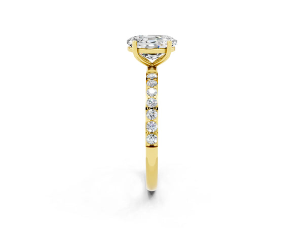Yellow gold Oval Cut Moissanite Solitaire Ring with Round Pavé Shoulders and Prong Setting