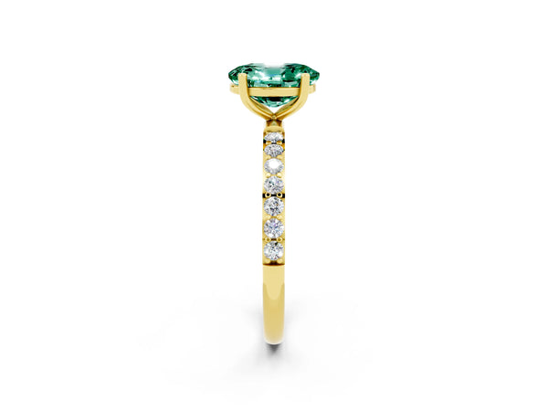 Yellow gold Oval Cut Green Sapphire Solitaire Ring with Round Pavé Shoulders and Prong Setting