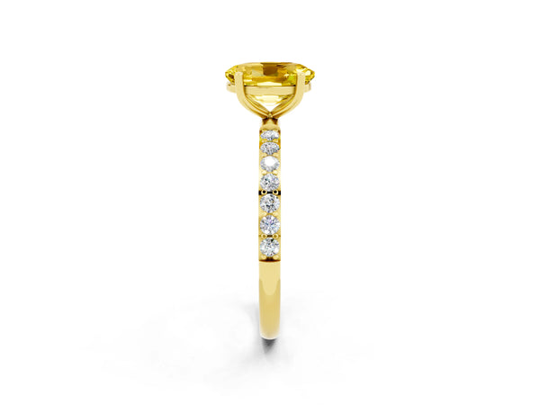 Yellow gold Oval Cut Yellow Sapphire Solitaire Ring with Round Pavé Shoulders and Prong Setting