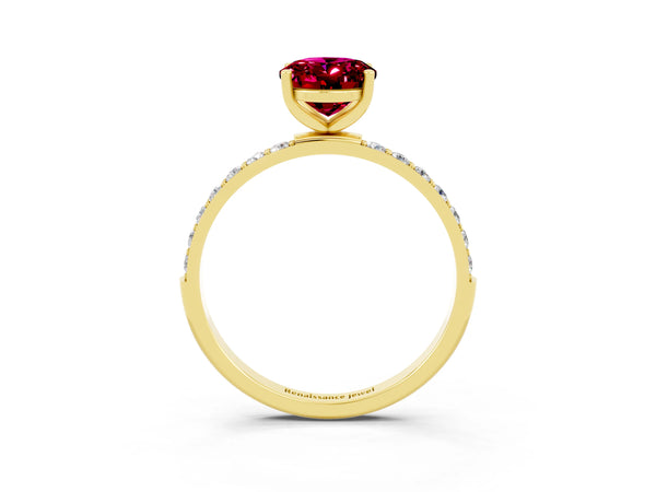 Yellow gold Oval Cut Garnet Solitaire Ring with Round Pavé Shoulders and Prong Setting