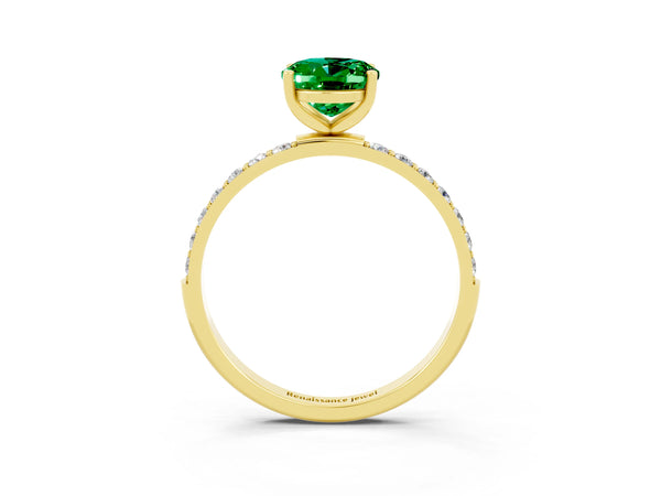 Yellow gold Oval Cut Emerald Solitaire Ring with Round Pavé Shoulders and Prong Setting