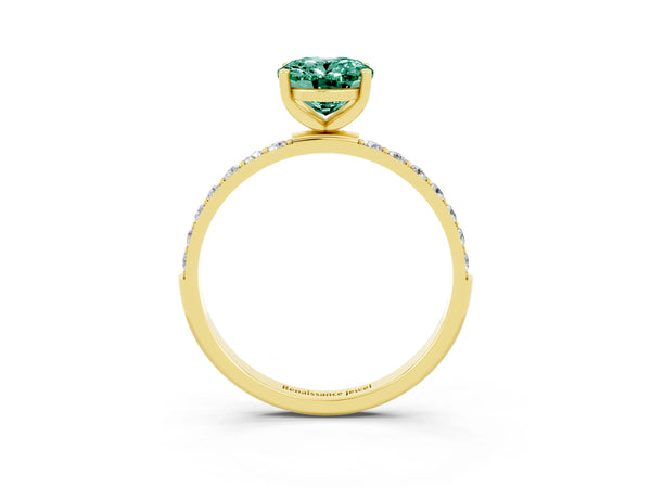 Yellow gold Oval Cut Green Sapphire Solitaire Ring with Round Pavé Shoulders and Prong Setting