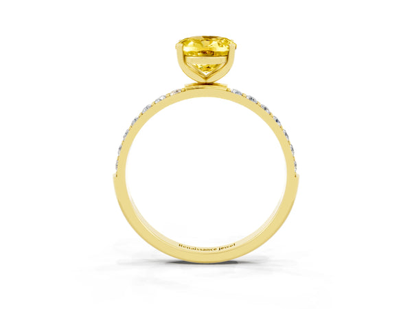 Yellow gold Oval Cut Yellow Sapphire Solitaire Ring with Round Pavé Shoulders and Prong Setting