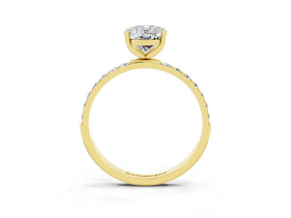 Yellow gold Oval Cut Moissanite Solitaire Ring with Round Pavé Shoulders and Prong Setting