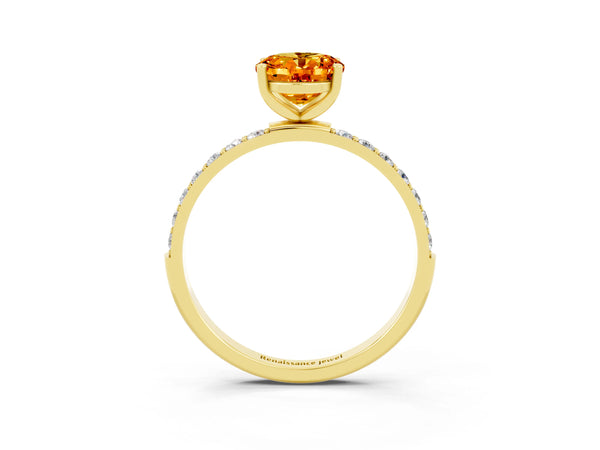 Yellow gold Oval Cut Citrine Solitaire Ring with Round Pavé Shoulders and Prong Setting