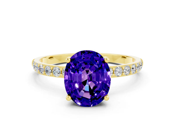 Yellow gold Oval Cut Tanzanite Solitaire Ring with Round Pavé Shoulders and Prong Setting