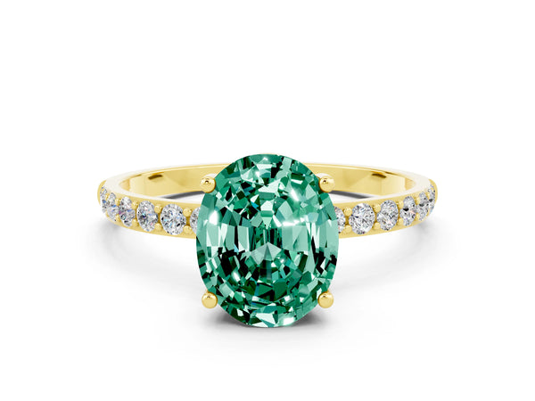 Yellow gold Oval Cut Green Sapphire Solitaire Ring with Round Pavé Shoulders and Prong Setting