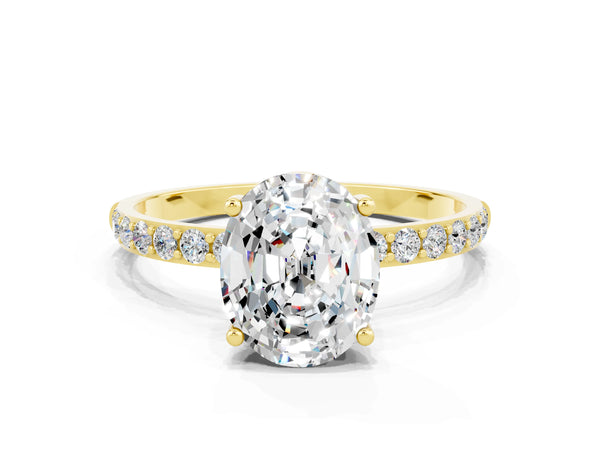 Yellow gold Oval Cut Moissanite Solitaire Ring with Round Pavé Shoulders and Prong Setting