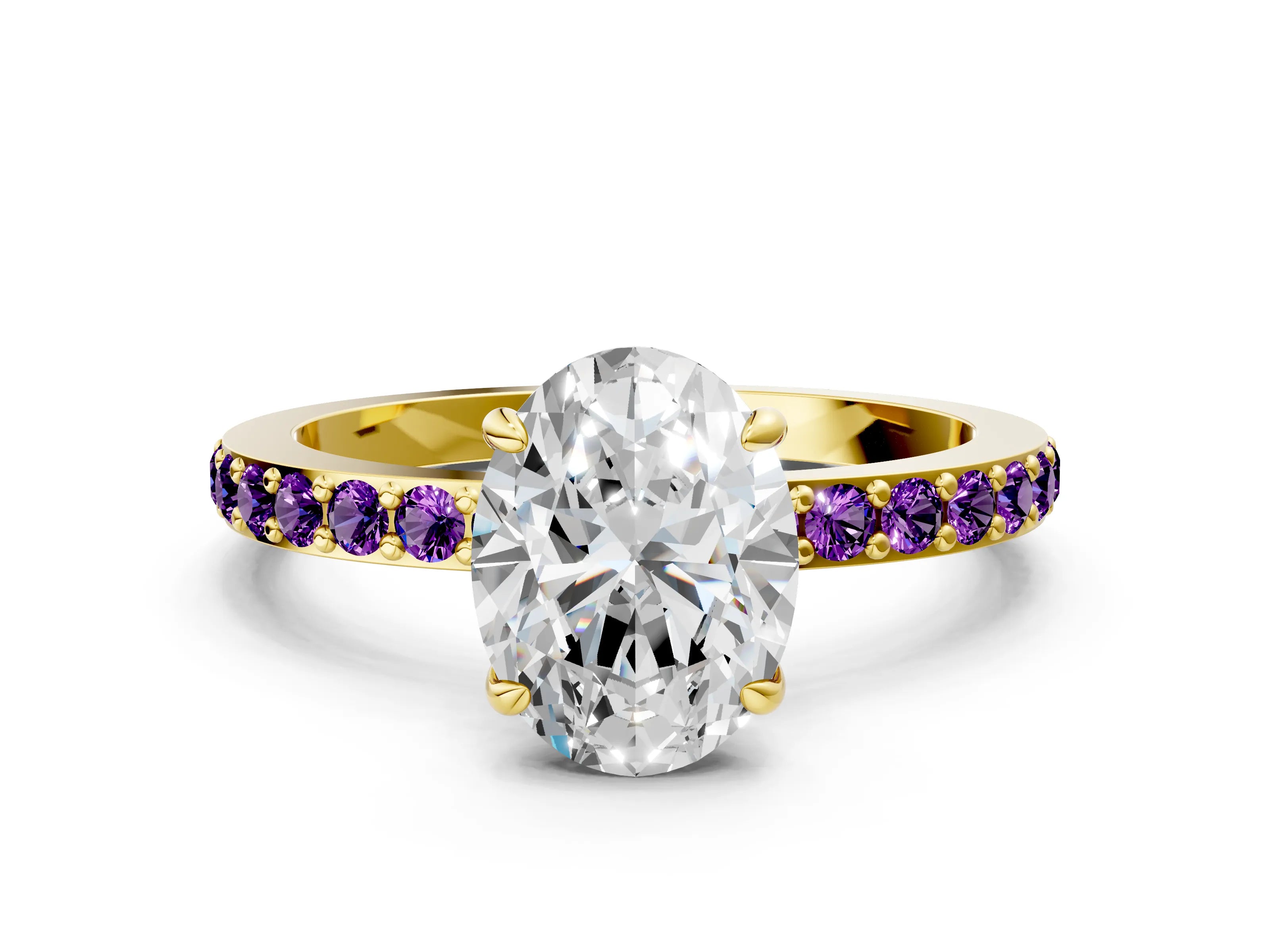 Yellow gold Oval Cut Diamond Pavé Engagement Ring with Round with Amethyst side stone Accents and Prong Setting