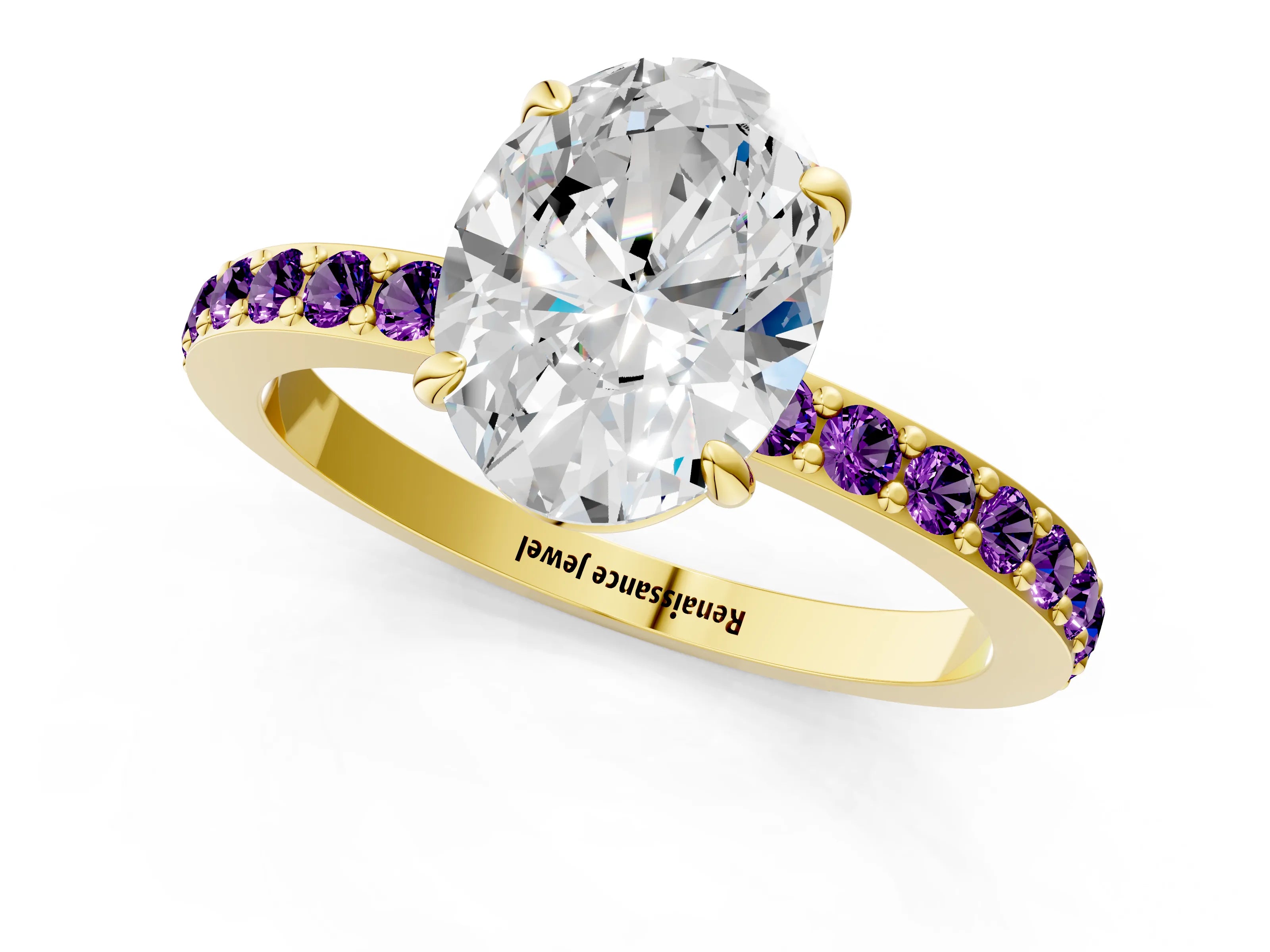Yellow gold Oval Cut Diamond Pavé Engagement Ring with Round with Amethyst side stone Accents and Prong Setting_1