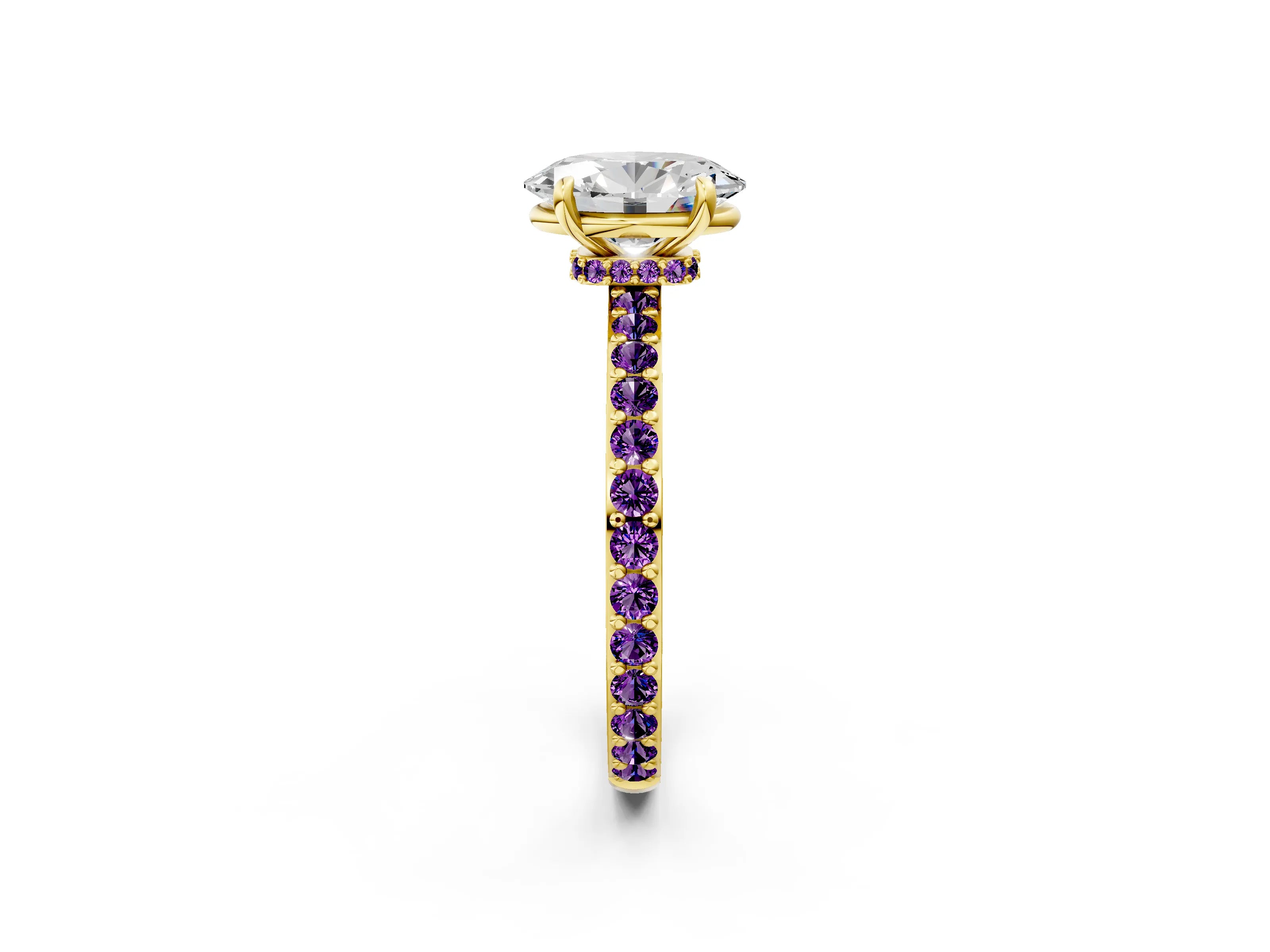Yellow gold Oval Cut Diamond Pavé Engagement Ring with Round with Amethyst side stone Accents and Prong Setting_2