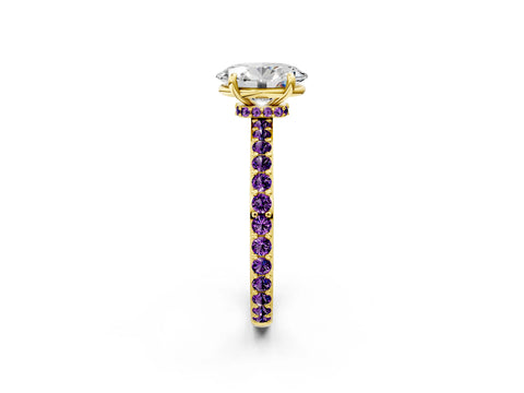 Yellow gold Oval Cut Diamond Pavé Engagement Ring with Round with Amethyst side stone Accents and Prong Setting_2