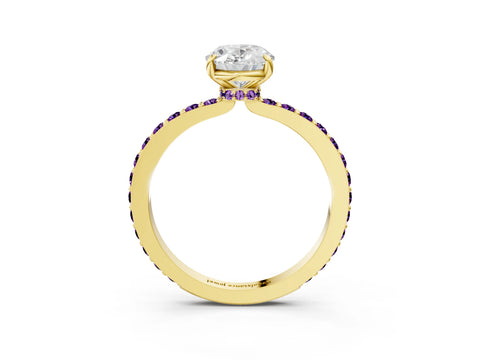 Yellow gold Oval Cut Diamond Pavé Engagement Ring with Round with Amethyst side stone Accents and Prong Setting_3