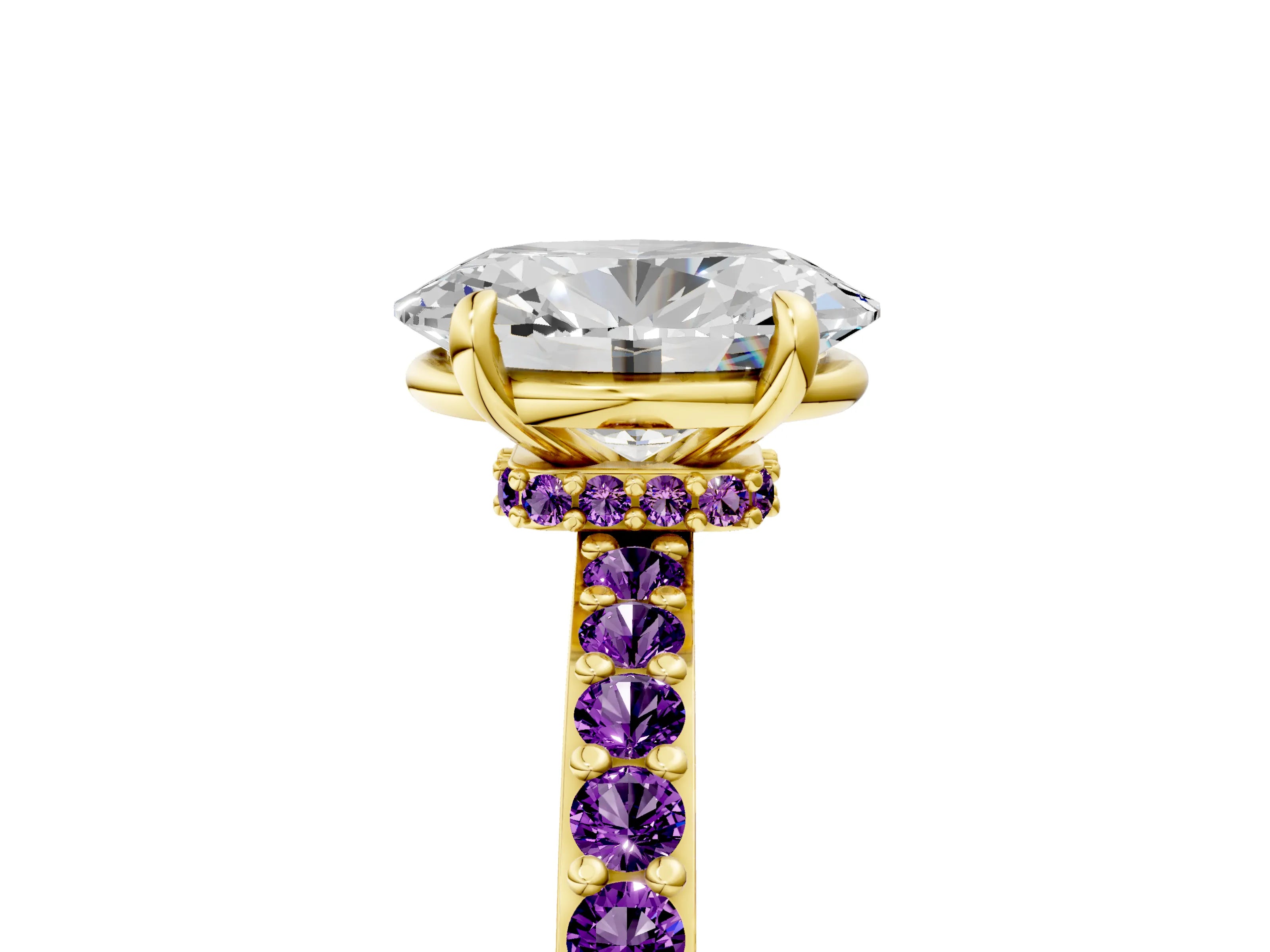 Yellow gold Oval Cut Diamond Pavé Engagement Ring with Round with Amethyst side stone Accents and Prong Setting_5