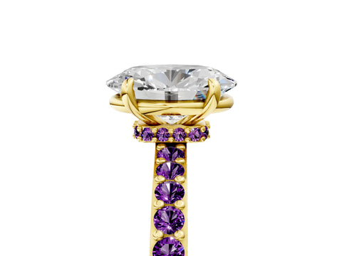 Yellow gold Oval Cut Diamond Pavé Engagement Ring with Round with Amethyst side stone Accents and Prong Setting_5