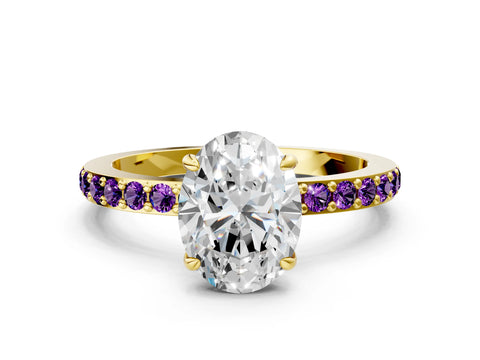 Yellow gold Oval Cut Diamond Pavé Engagement Ring with Round with Amethyst side stone Accents and Prong Setting
