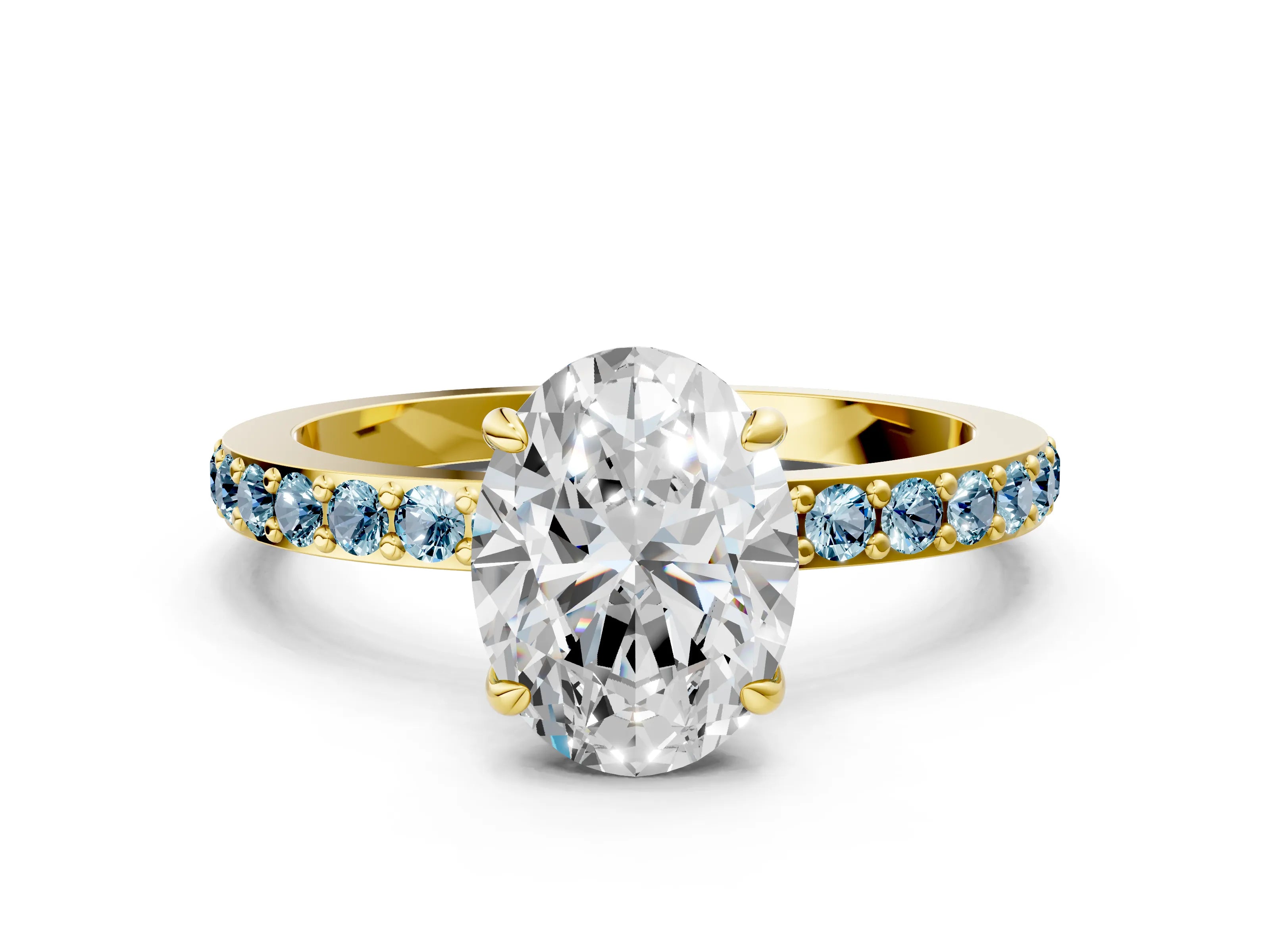 Yellow gold Oval Cut Diamond Pavé Engagement Ring with Round with Aquamarine side stone Accents and Prong Setting