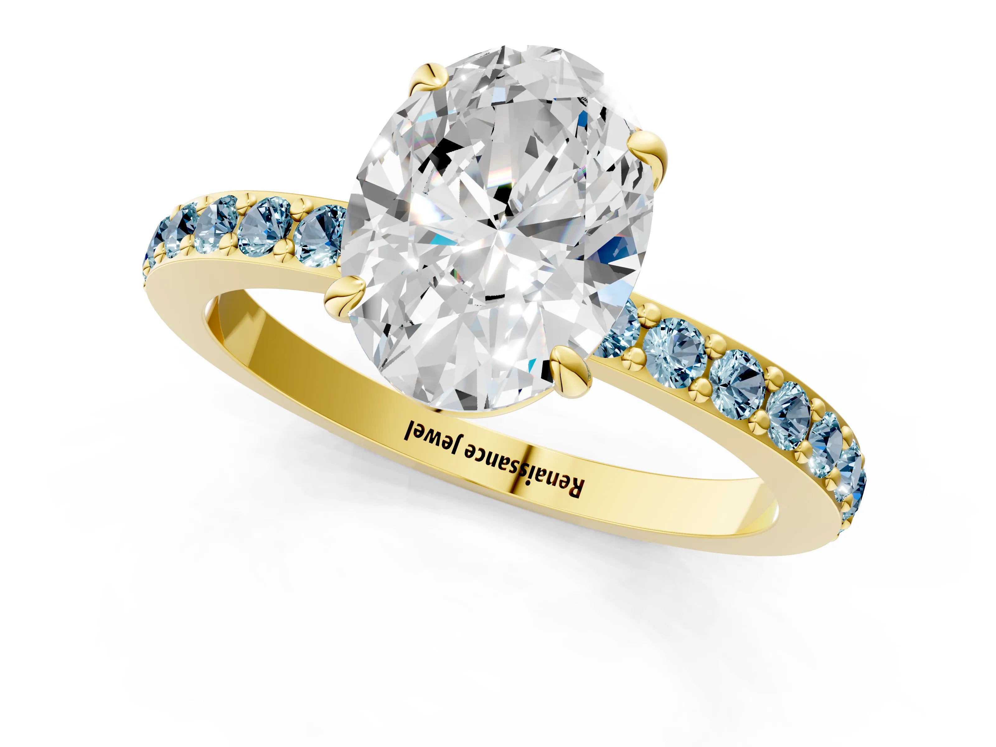Yellow gold Oval Cut Diamond Pavé Engagement Ring with Round with Aquamarine side stone Accents and Prong Setting_1
