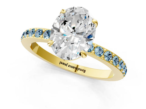Yellow gold Oval Cut Diamond Pavé Engagement Ring with Round with Aquamarine side stone Accents and Prong Setting_1